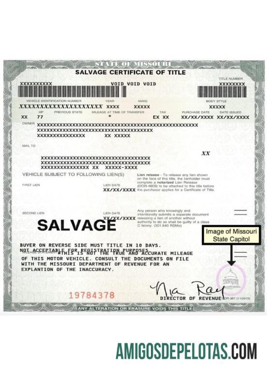 Certificado de título de salvamento do Missouri nos EUA Modelo